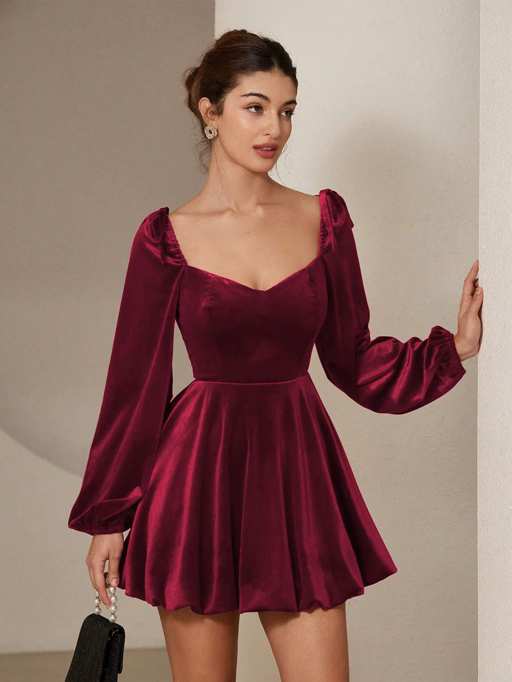 ZARA French Party Wine Red Dress High Waist Korean Velvet Bubble Skirt